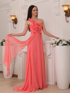Watermelon Empire One Shoulder Hand Flowers Prom / Pageant Dress