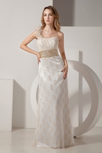 One Shoulder White Taffeta and Lace Beading Column Prom Dress