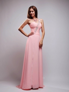 Baby Pink Empire One Shoulder Chiffon Beading and Ruch Prom Dress