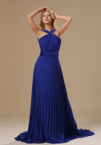V-neck Brush Train Royal Blue Pleat 2013 Prom / Evening Dress