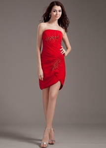Beading Decorate Bodice Strapless Red Chiffon 2013 Prom Dress