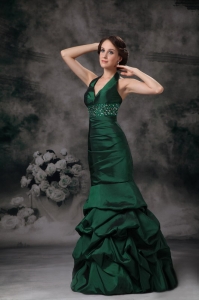 Mermaid Halter Taffeta Beading Dark Green Prom / Evening Dress