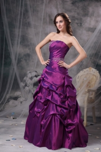 Fuchsia A-line Strapless Floor-length Taffeta Beading Prom Dress