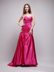 A-line Sweetheart Taffeta Beading and Ruch Hot Pink Prom Dress