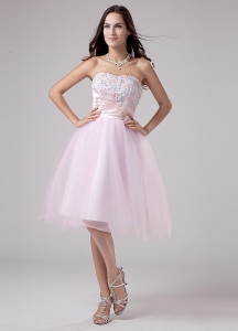 Lace and Beading Tulle Tea-length A-Line Pink Prom Dress