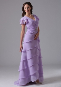 Lavender V-neck Ruffled Layeres Prom Dress Beading and Ruch