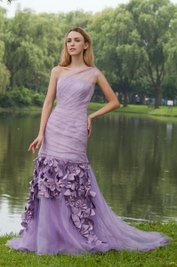 Lilac A-line One Shoulder Sweep / Brush Hand Flowers Prom Dress