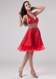 Luxurious Red Halter Prom Dress Beaded Decorate Satin and Tulle