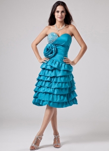 Teal Prom Dress Sweetheart Ruffled Layeres Hand Made Flower