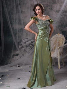 Off The Shoulder Olive Green Beading and Ruch Taffeta Prom Dress