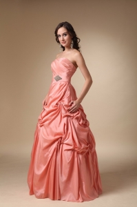 Orange A-line Strapless Taffeta Pick-ups and Beading Prom Dress