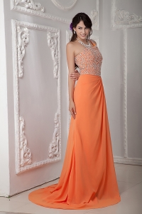 One Shoulder Brush Train Chiffon Beading Orange Prom Dress