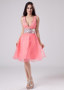 Paillette V-neck Organza Knee-length Prom Dress Watermelon