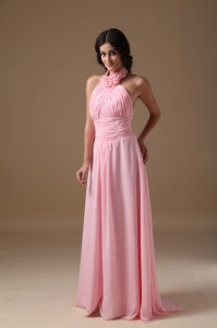 Pink Empire Halter Brush Train Chiffon Ruch Prom Dress