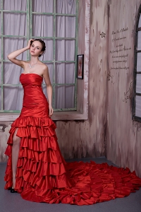 A-line Strapless Cathedral Train Ruffled Layers Red Prom Dress