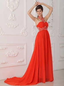 Red Empire Halter Chiffon Beading Red Prom / Evening Dress