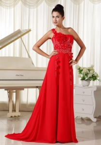 Red Evening Dress One Shoulder Hand Made Flowers Beaded Ruched