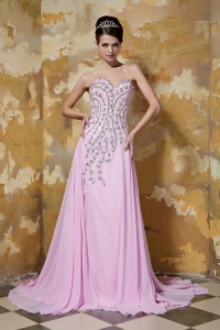 Rose Pink Empire Sweetheart Brush Train Chiffon Beading Prom Dress