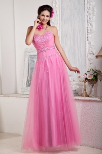 Rose Pink Empire Sweetheart Floor-length Tulle Beading Prom Dress