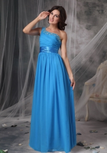 Sky Blue One Shoulder Floor-length Chiffon Beading Prom Dress