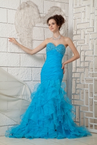 Blue Sweetheart Brush Train Organza Beading Prom Dress