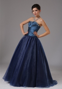 Beaded Decorate A-line Navy Blue Strapless Organza Prom Dress