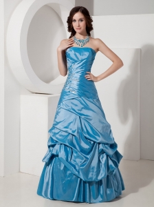 Blue A-Line / Princess Strapless Taffeta Beading Prom Dress
