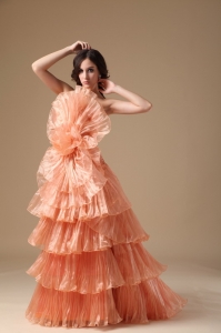 Orange Red A-line Strapless Brush Train Organza Pleat Prom Dress
