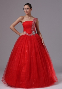 Paillette Red Prom Dress With Beaded Decorate One Shoulder