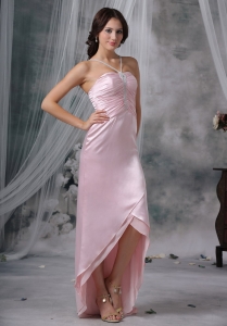 Pink Column / Sheath Straps High-low Beading Prom Dress