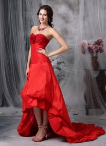 Red Sweetheart High-low Taffeta Hand Made Flowers Prom Dress