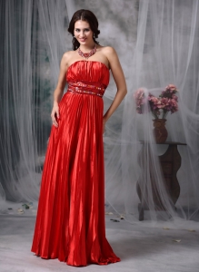 Red Column Strapless Floor-length Pleat Beading Prom Dress