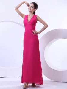 Sexy Prom Dress With Hot Pink V-neck and Ankle-length