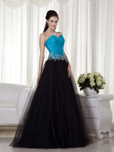Blue and Black Sweetheart Taffeta and Tulle Appliques Prom Dress