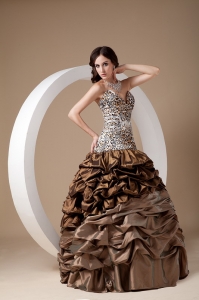 Brown Ball Gown Sweetheart Leopard Pick-ups Prom Dress