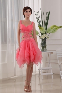 Sexy Knee-length Straps Organza Beading Prom Dress Watermelon