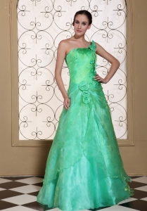 Turquoise One Shoulder Prom Dress Hand Made Flowers Organza