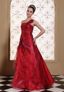 Wine Red One Shoulder Prom Dress Hand Made Flowers in Organza