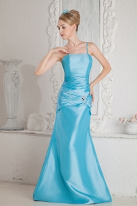 Aqua Blue Straps Floor-length Satin Beading and Ruch prom Dress