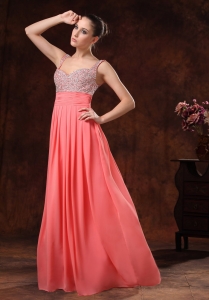 Beaded Decorate Ruched Watermelon Red Prom / Evening Dress