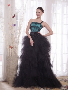 Black and Teal One Shoulder Tulle Ruch Prom / Celebrity Dress