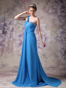 Blue One Shoulder Brush Train Chiffon Beading Prom Dress