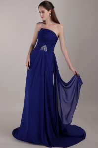 Empire Strapless Court Train Chiffon Sequins Blue Prom Dress