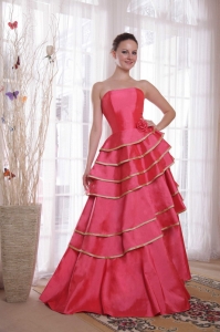 A-line / Princess Strapless Ruffles Coral Red Prom Dress