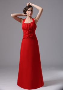Halter and Ruched Bodice Red Prom Dress With Hand Made Flowers