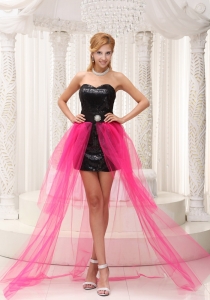 Hot Pink High-low Prom Dress For Paillette Over Skirt Beading