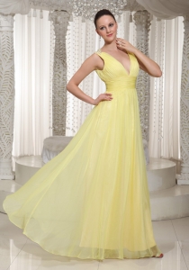 Light Yellow V-neck Chiffon Long Prom Dress 2013 Party Style