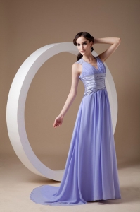 Lilac V-neck Brush Train Chiffon Ruch Prom / Evening Dress