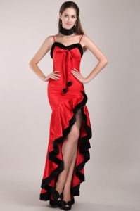 High-low Red and Black Prom Dress with Straps and Beading