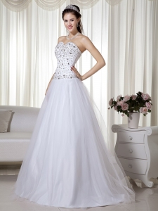 White A-line Sweetheart Taffeta and Tulle Beading Prom Dress